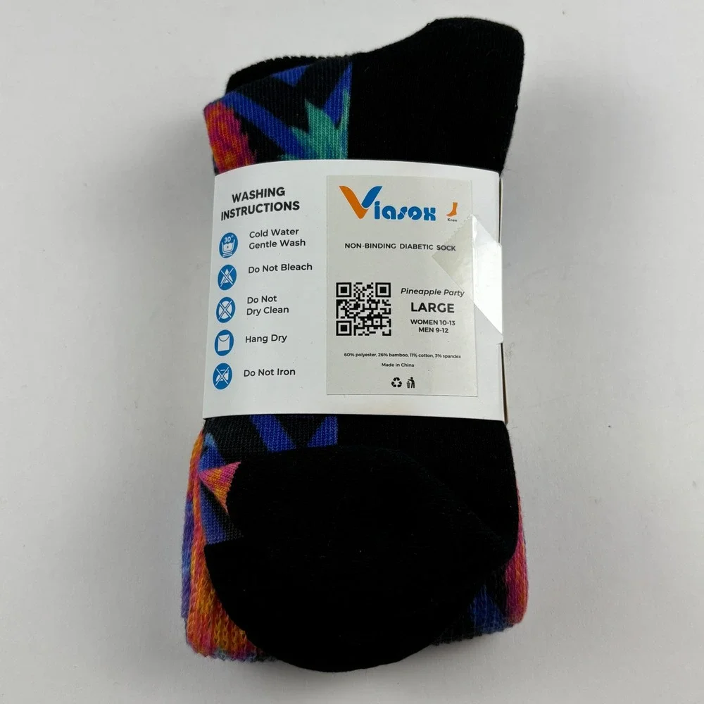 Viasox Diabetic Socks Unisex Large Black Pineapple Party NWT Non-Binding Knee
